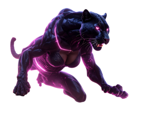 Cyberpunk Panther-Headed Woman in Neon Pink Glow, Full Body Portrait