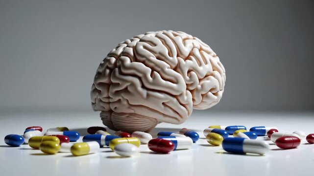 Pharmaceutical Cognitive Association: Human Brain Organ Surrounded by Dispersion of Medicinal Tablets and Pills