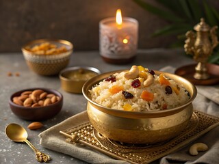 Golden bowl of rice with cashew and fruit sits beside lit candle