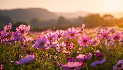 Obraz premium field of vibrant pink cosmos flowers swaying gently under soft golden sunlight with a blurred natural background creating a peaceful and serene atmosphere