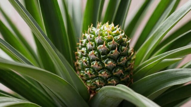 Close-Up graph of Small Unripe Pineapple Fruit Still Attached to Its Plant with All of Its Green Leaves Intact