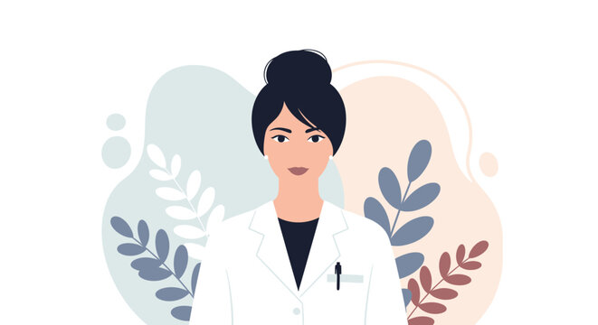 Modern Flat Illustration of Elegant Female Doctor with Floral Background - Powered by Adobe