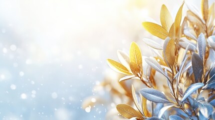 Obraz premium Golden Leaves Delight. Winter Bloom with Sparkles and Light Background. Copy space
