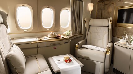 Fototapeta premium Luxurious First Class Travel Experience Backgrounds: Elegant Designs Showcasing Spacious Seats, Premium Amenity Kits, Fine Dining Platters, and Soft Ambient Lighting, Blended with Neutral Tones and So