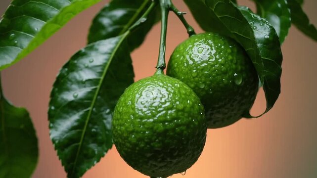 Branch with Two Fresh Limes Fruit Accompanied by Water Droplets and Green Leaves