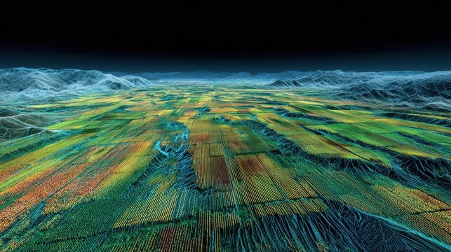 Abstract aerial view of an agricultural landscape, rendered in a digital, stylized manner