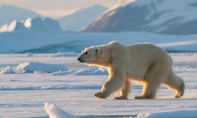 Polar bear on icy landscape. Sunlight highlights the animal