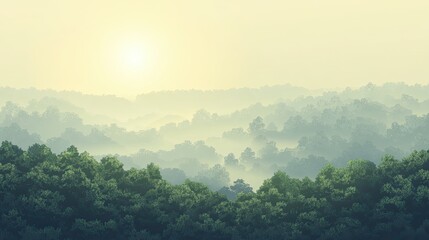 Serene Sunrise Over Misty Forest Landscape with Soft Warm Light