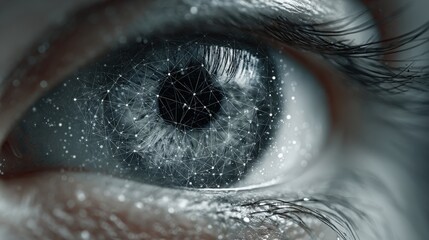 Close up of a human eye showcasing a futuristic network of interconnected nodes and lines, symbolizing technological integration with human biology