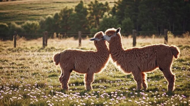 Two Alpacas Two Alpacas nuzzle in country pasture. Toned .
