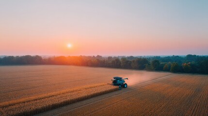 Fototapeta premium Golden fields stretch under vibrant sunset as machinery harvests