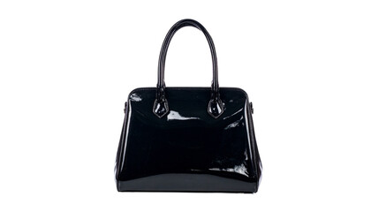 Naklejka premium Elegant Glossy Black Vinyl Handbag with Sleek Design for Girls Isolated on White Background
