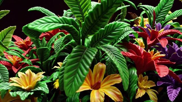 Set of exotic tropical plants and flowers designed as jungle plasticine art icons in 3D