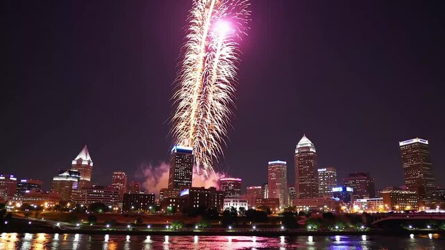 Pyrotechnics Display Illuminating the Night Sky Over Urban Center on Summer Evening