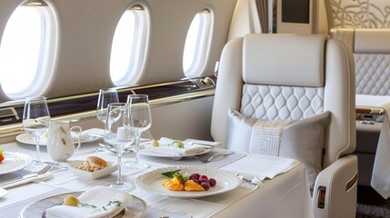 Fototapeta premium Luxurious First Class Travel Experience Backgrounds: Elegant Designs Showcasing Spacious Seats, Premium Amenity Kits, Fine Dining Platters, and Soft Ambient Lighting, Blended with Neutral Tones and So