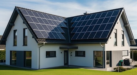 Fototapeta premium Solar panels covering the rooftop of a modern family house, blue sky background, realistic photo