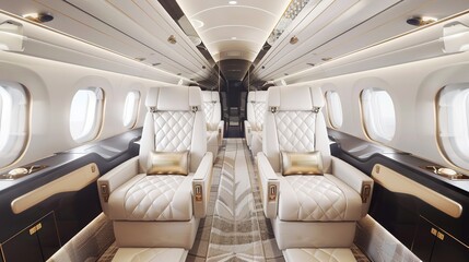 Fototapeta premium Luxurious First Class Travel Experience Backgrounds: Elegant Designs Showcasing Spacious Seats, Premium Amenity Kits, Fine Dining Platters, and Soft Ambient Lighting, Blended with Neutral Tones and So