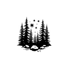 Fototapeta premium Silhouette forest scene with abstract glowing light elements creating magical atmosphere within