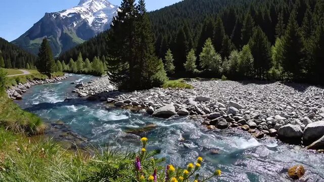 Waterway situated beside the base of the ice-covered peaks within the European mountain range