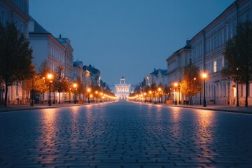 Fototapeta premium Illuminated street at dusk showcases charming architecture and s