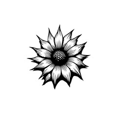 Simple black and white floral illustration featuring a radiating symmetrical pattern and pointed