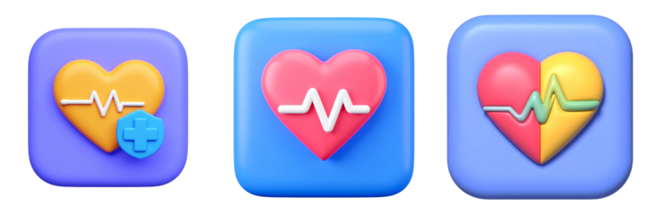 Collection Of Heart Shaped Health Icons On Transparent Background With Red Yellow And Blue Colors