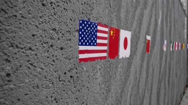 Patriotic Symbols of National Identity: Concrete Wall Art Featuring the Flag Designs of the United States of America, China, and Taiwan
