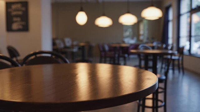 Unoccupied table situated inside coffee establishment with blurred backdrop and shallow focus