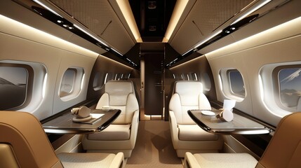 Fototapeta premium Luxurious First Class Travel Experience Backgrounds: Elegant Designs Showcasing Spacious Seats, Premium Amenity Kits, Fine Dining Platters, and Soft Ambient Lighting, Blended with Neutral Tones and So