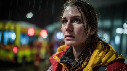 Paramedic with wet hair looking up in the rain during a night intervention with ambulance in the background