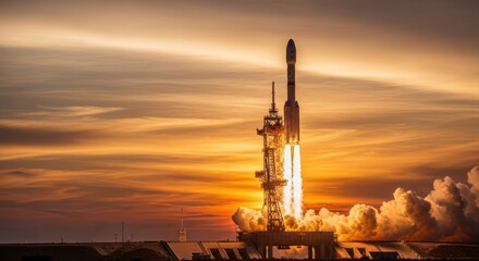 Rocket launch at sunset.  Fiery plume of exhaust billows from a powerful rocket, soaring against a dramatic orange and gold sky
