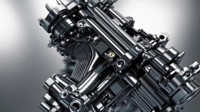 disassembled automotive internal combustion engine showing its numerous complex mechanical parts and components