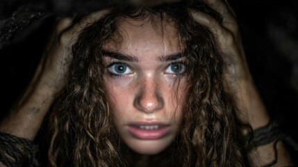Close up of a scared young woman pulling her hair in a dark place, expressing fear, anxiety and despair
