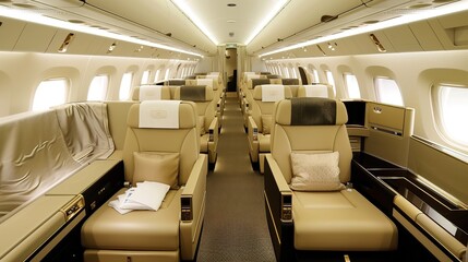 Obraz premium Luxurious First Class Travel Experience Backgrounds: Elegant Designs Showcasing Spacious Seats, Premium Amenity Kits, Fine Dining Platters, and Soft Ambient Lighting, Blended with Neutral Tones and So