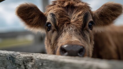 Fototapeta premium Curious cow peeking over wooden fence in farmyard