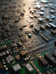 A close up shot of a complex computer circuit board with intricate details and shiny components visible