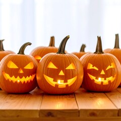 Obraz premium Halloween pumpkins on a wooden table