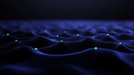 Abstract blue wave patterns with glowing green dots on dark background