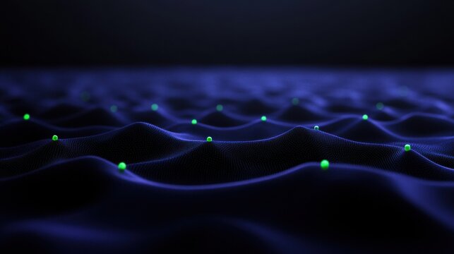 Abstract blue wave patterns with glowing green dots on dark background