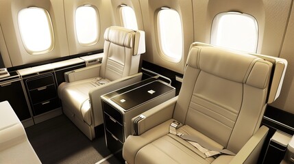 Fototapeta premium Luxurious First Class Travel Experience Backgrounds: Elegant Designs Showcasing Spacious Seats, Premium Amenity Kits, Fine Dining Platters, and Soft Ambient Lighting, Blended with Neutral Tones and So