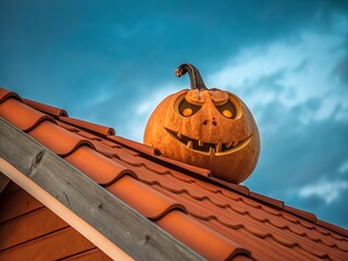 Halloween jack o lantern pumpkin sits atop a terracotta tiled roof against a blue sky