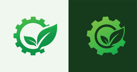 Leaf Gear Logo Set Eco Industry and Sustainable Technology Icons

