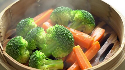 Steaming Vegetables in Bamboo Steamer with Close Up Broccoli and Carrots