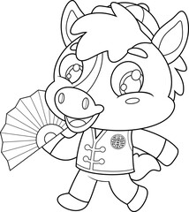 Cute Chinese New Year Horse Cartoon Character Holding Fan – Black and White Vector Hand Drawn Illustration Isolated On Transparent Background