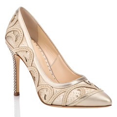 Fototapeta premium Elegant gold high heel shoe isolated on transparent background, perfect for a glamorous and stylish wedding