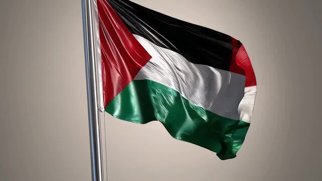Fluttering and Waving Flag of Palestine with Metallic Shine and Texture Rendered in High Quality 3D for Use in News and Media
