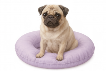 Cute pug puppy resting on lavender cushion, white background, highlighting canine charm for design projects