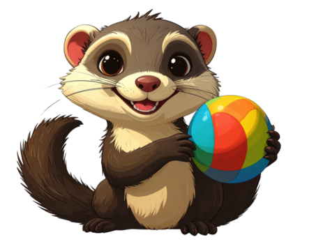 Playful Ferret with Ball Toy, Sitting Pose, Cartoon Illustration, isolated transparent background png - Powered by Adobe