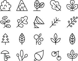 Botanical icons, line art plants, trees, leaves, fruits, mushrooms, minimal design, nature symbols, black outline vector set, modern eco illustration collection