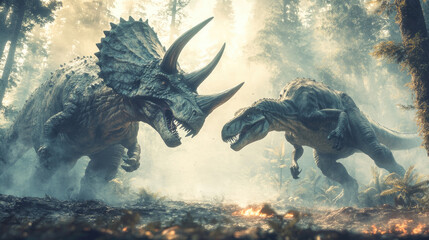 Naklejka premium Epic dinosaur battle scene with a Triceratops and Tyrannosaurus fighting in a misty jungle.